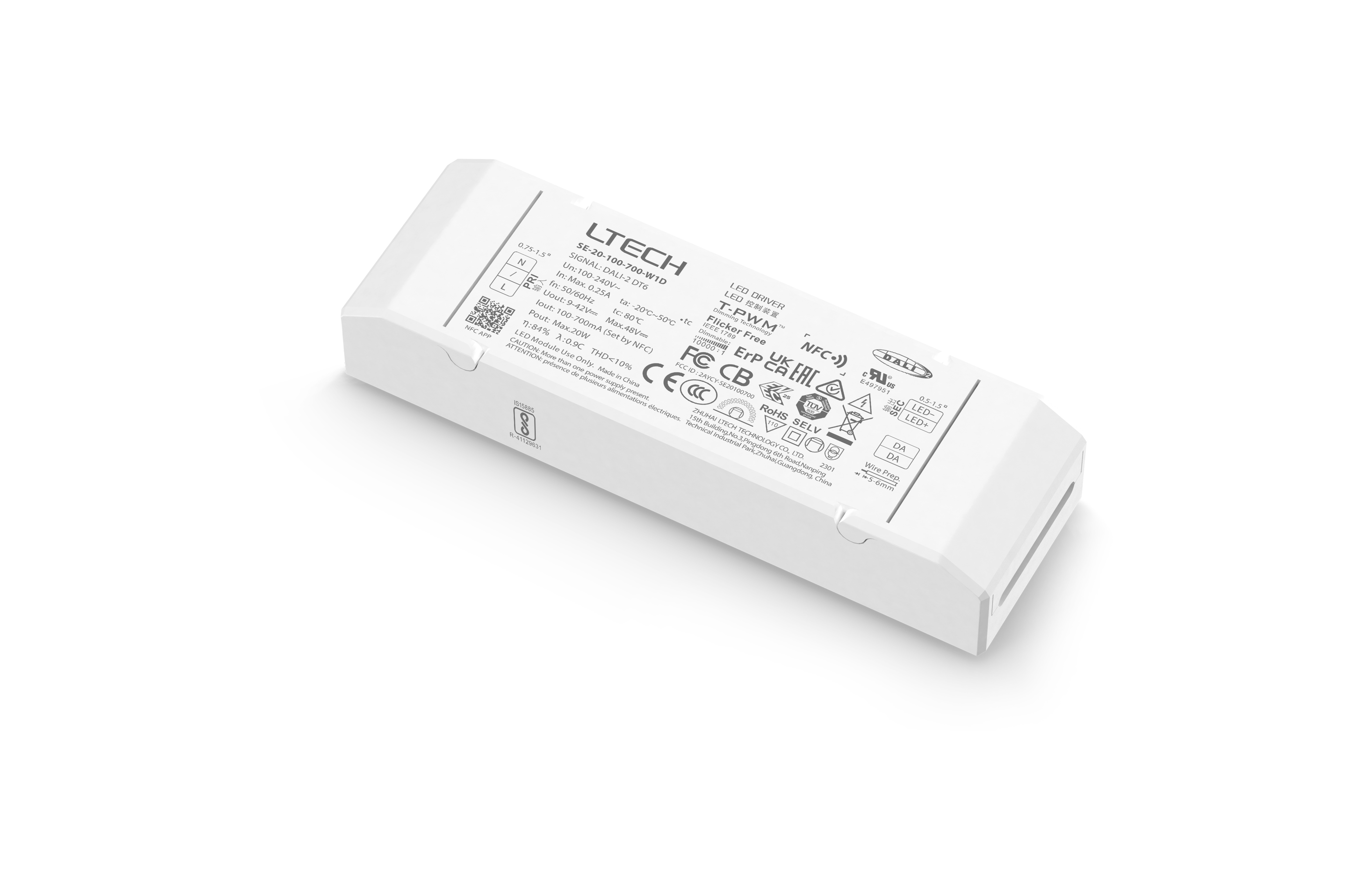 SE-20-100-700-W1D  Intelligent LED Driver, NFC DALI  0-100% Dim, PWM Digital Dim,DALI DT6   , CC 20W 100-700mA 9-42Vdc  Out put Range.0.9-20W , IP20, 5yrs Warrenty.